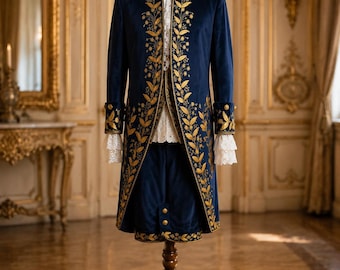 Frac in velluto blu navy, giacca vittoriana ricamata in oro, abito da sposo per matrimonio reale.