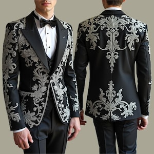 Men Designer Wedding Tuxedo Black Satin Custom Made Embroidered Silver Embellished Single Breasted Regular Fit Notch Lapel Grooms Jacket