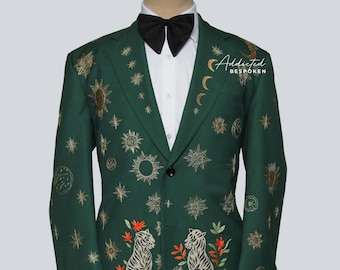 Emerald Green Velvet Blazer: Men's Wedding Jacket with Golden Tiger Embroidery