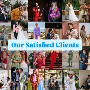 May include: A collage of images featuring people in formal wear, including suits and dresses, with floral embroidery and colorful designs. The text "Our Satisfied Clients" is displayed in a blue banner across the center of the image.