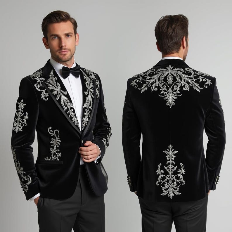 Mens Luxury Black and Silver Floral Pattern Tuxedo Blazer – Shawl Lapel Designer Dinner Jacket main image 0