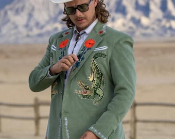 Green Wedding Suit Men, Embroidered Crocodile Suit, Floral Groom Tuxedo, Custom Prom Suit, Botanical Blazer, Luxury Men's Outfit