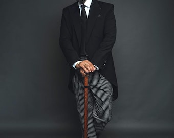 Men's Black Tailcoat Suit, 1920s Pinstripe Trousers, Vintage Gangster Formalwear