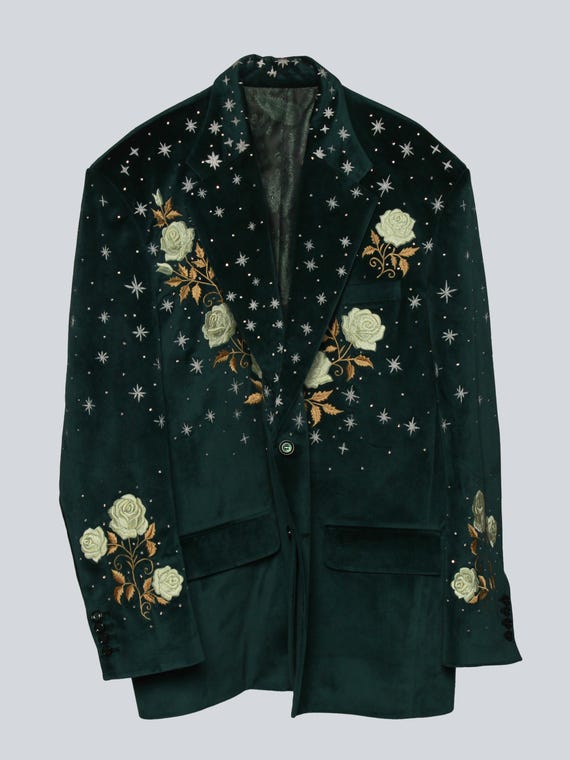 Emerald Green Velvet Blazer: Golden Embroidered Wedding, Prom, Cocktail Attire