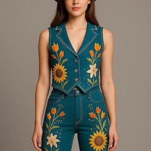 Embroidered Sunflower Cowgirl Outfit: Vintage-Inspired Western Vest & Fringe Pants