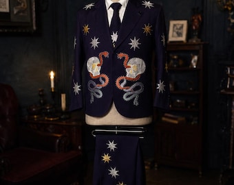 Celestial Embroidered Men's Suit, Gothic Skull Snake Blazer, Custom Western Wedding Apparel