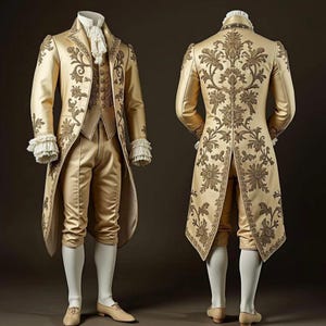 Traje masculino rococó de cetim champanhe do século XVIII: traje para baile de máscaras