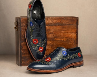 Men’s Floral Embroidered Oxford Shoes, Navy Leather Wingtip Brogues, Handmade