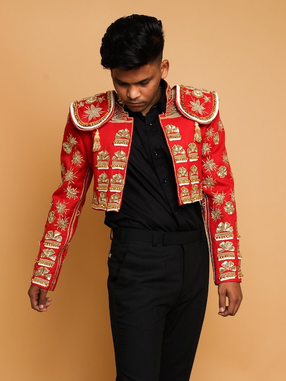 Men's Custom Red Gold Embroidered Matador Jacket: Bullfighting