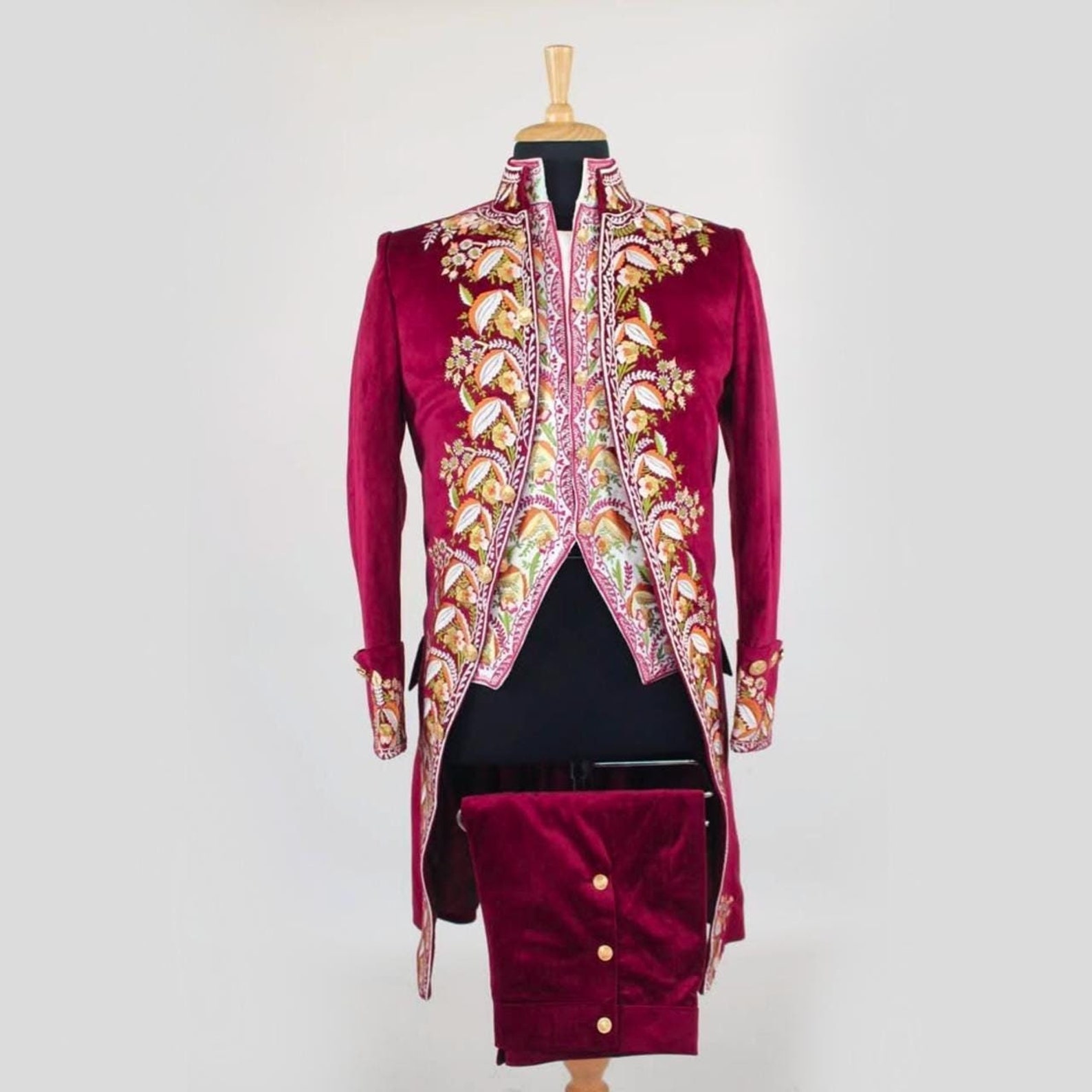 Red Rococo Men's 3 Piece Red Rococo Costumes Custom Made Velvet Georgian Floral ...