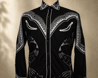 Custom Black Western Shirt, Silver Embroidered Cowboy Groom Wear, Rodeo Stage Outfit