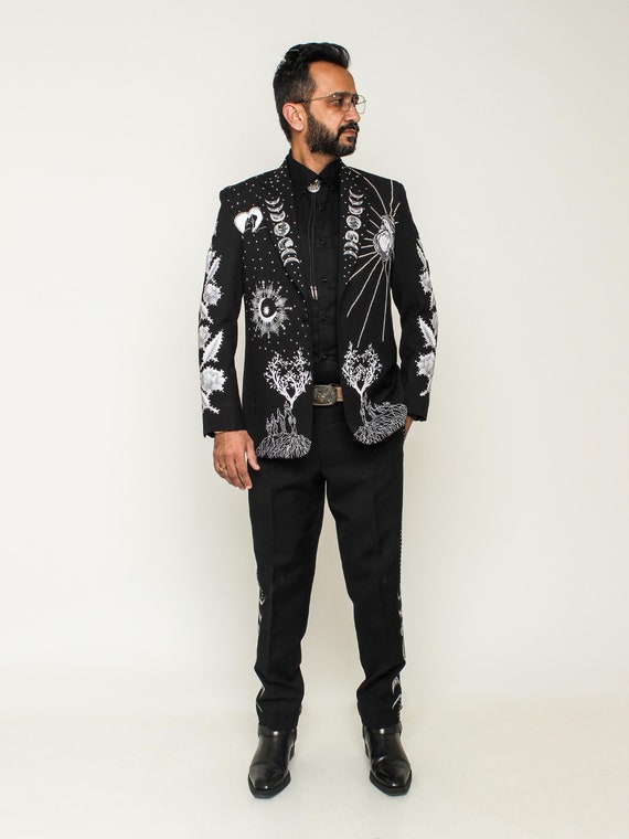 Men's Celestial Embroidered Suit, Moon Phase Blazer, Gothic Groom Formal Wear