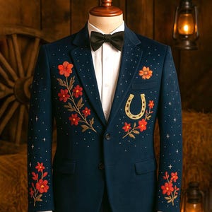 Men Navy Blue Velvet Designer Wedding Western Blazer Cocktail Attire Custom Made Notch Lapel Floral Embroidery With Rhinestone Groom Jacket