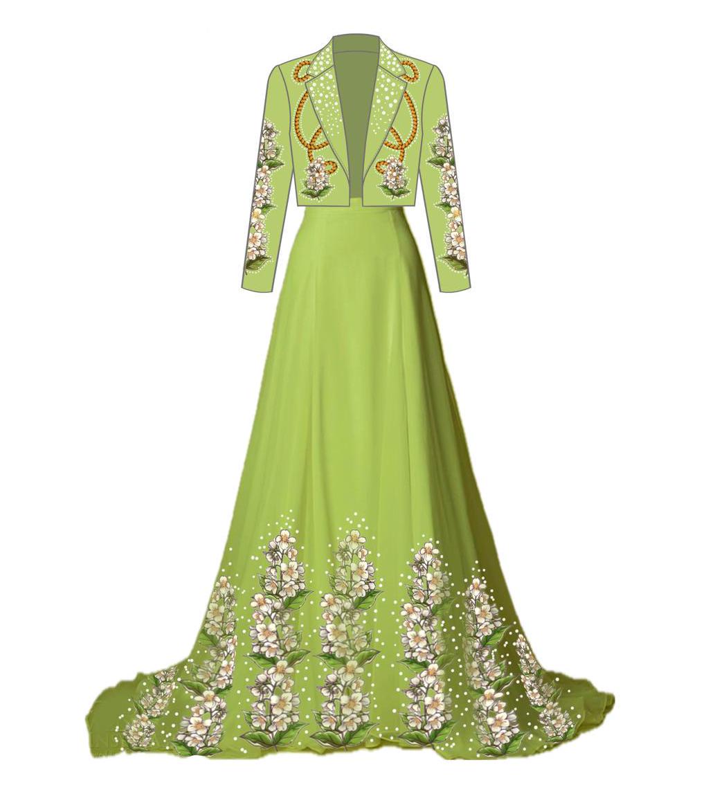 Two-Piece Set with Cropped Jacket and 3D Petal Skirt - Beige