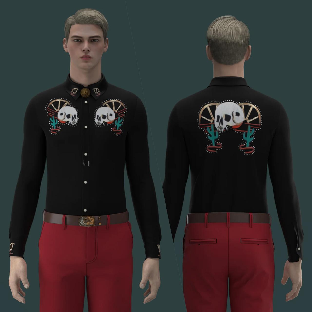 カスタムメンズコットンウエスタンシャツ：刺繍サボテン、エイリアン