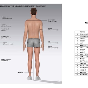 May include: Diagram illustrating body measurements for custom clothing. Includes front and back views of a person with labeled measurement points like neck, chest, and waist. A measurement chart in inches is also shown.