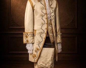 Ivory Baroque Wedding Suit, Luxury Embroidered Tuxedo, Rococo Men's Outfit