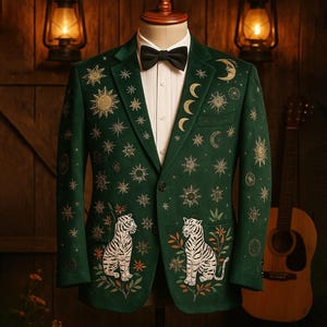 Men Designer Wedding Western Blazer Cocktail Attire Custom Emerald Green Velvet Jacket Notch Lapel Golden Embroidered Groom Prom Jacket
