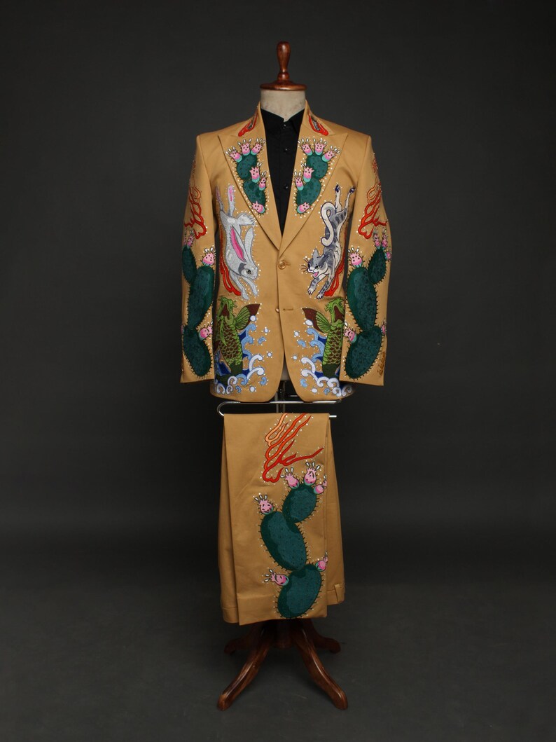 Men's Foreign Traditional Wedding Suit w/ Gold Embroidery - Blue main image 1