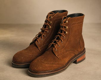 Men's Brown Suede Wingtip Brogue Lace Up Boots, Vintage Dress Wedding Shoes
