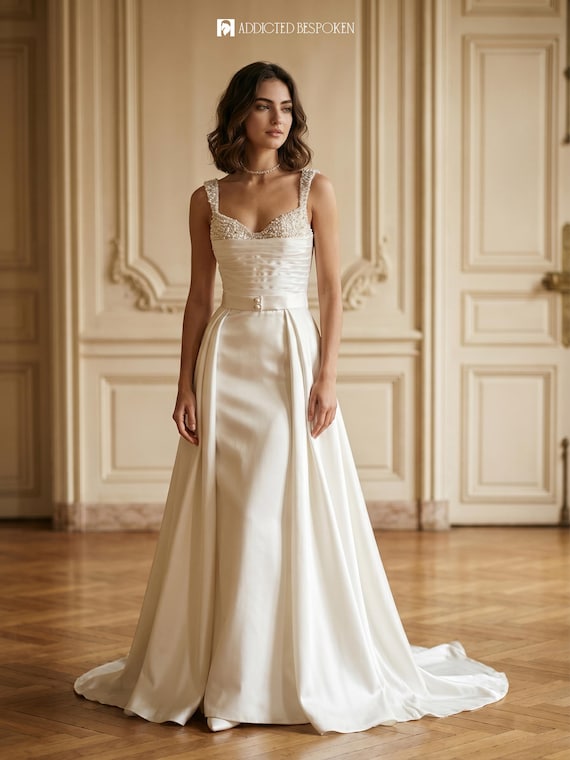 satin beaded wedding dress Pearl A-line Dress: Sweetheart Neckline, Ivory Bridal Gown David’s Bridal Long Mesh Antonio Cerrelli Mermaid wedding sculpted silhouette Size:0-6M