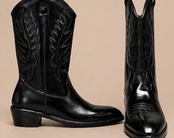 Men’s Black Leather Cowboy Boots, Embroidered Western Pull-On Boots