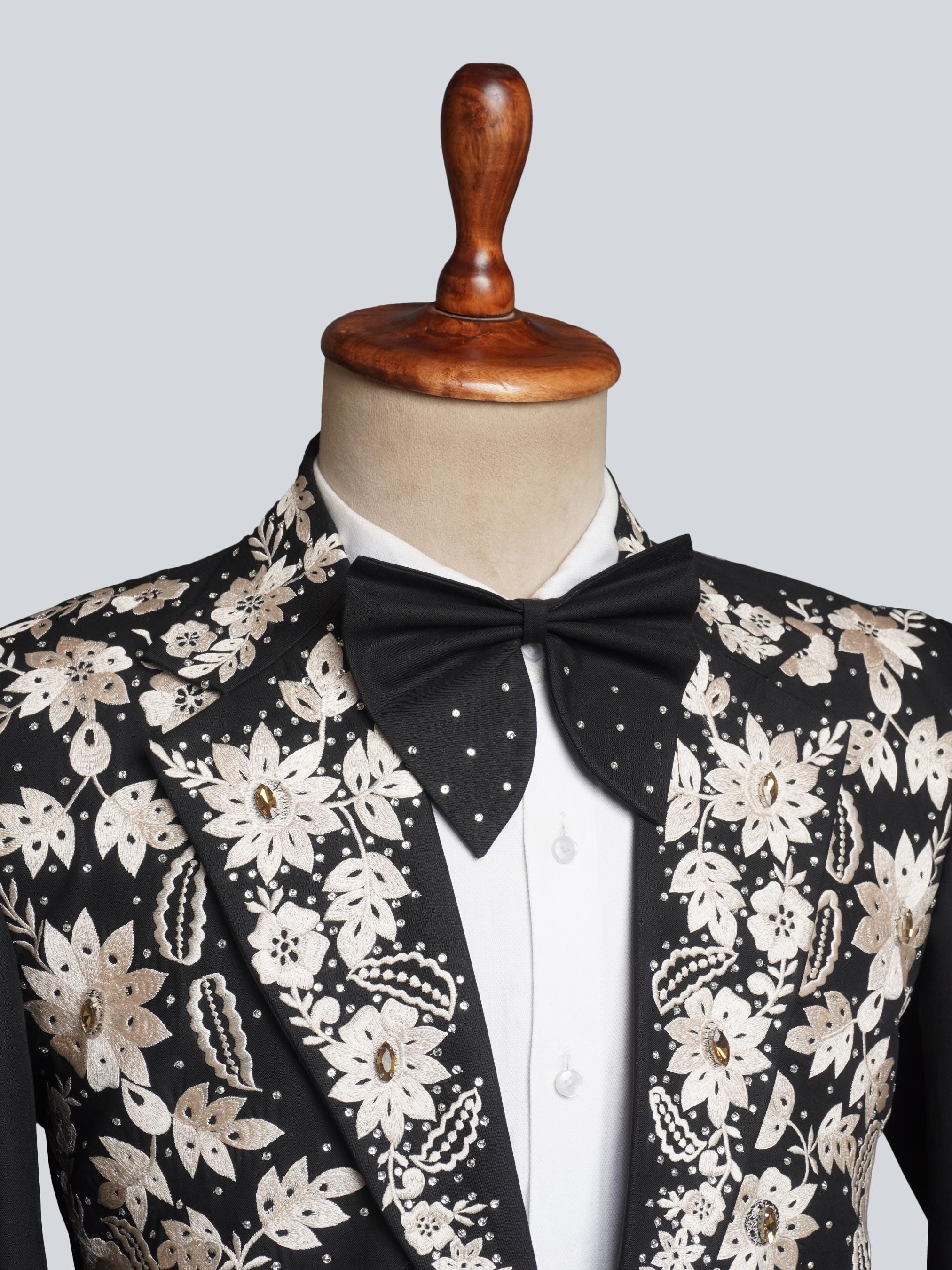 Men Custom Made Designer Wedding Black Blazer Ivory Embroidered ...