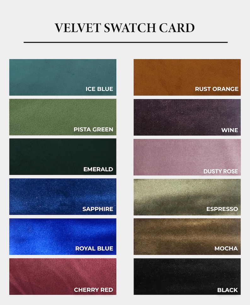 Puede incluir: Tarjeta de muestras de terciopelo con una variedad de colores. Los colores incluyen azul hielo, naranja &oacute;xido, esmeralda, zafiro, azul real, rojo cereza, verde pistacho, vino, rosa empolvado, espresso, moca y negro. El texto "VELVET SWATCH CARD" est&aacute; en la parte superior.