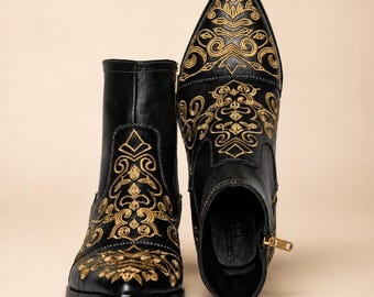 Men’s Black Leather Ankle Boots, Gold Embroidered Western Style, Pointed Toe