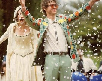Custom Green Cotton Suit: Embroidered Floral Wedding Outfit
