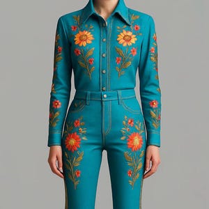 Embroidered Cowgirl Outfit: Blue Floral Western Rodeo Suit