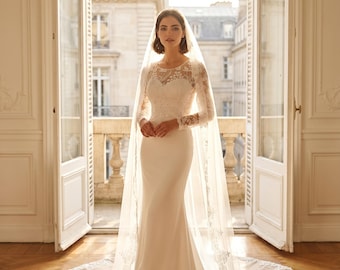 Long Sleeve Lace Wedding Dress, Sheath Bridal Gown with Illusion Back
