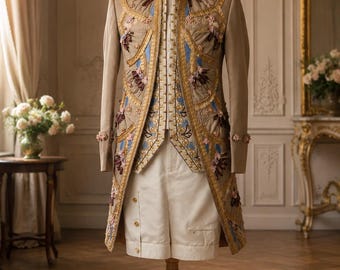 Ivory Embroidered Tailcoat, Men's Rococo Wedding Jacket, Baroque Prince Coat, Custom Made