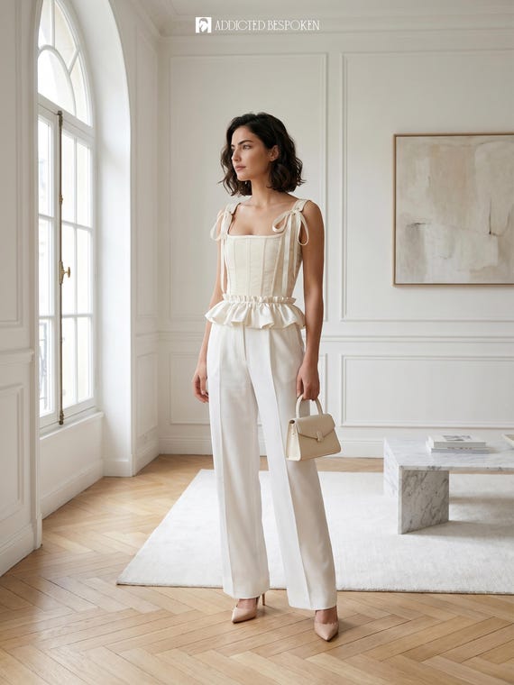 Ivory Lace Corset Top and Wide Leg Pants Set, Bridal Wedding Outfit