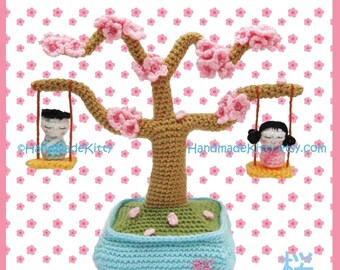 Sakura Cherry Blossom Bonsai with Kokeshi Children in a Swing Amigurumi Crochet Pattern by HandmadeKitty
