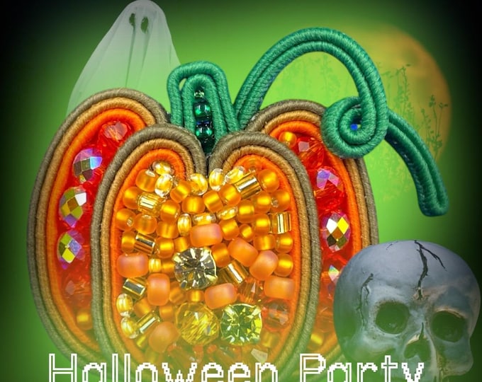 Featured listing image: Handmade Pumpkin Brooch: Soutache Pin with Swarovski beads & Preciosa crystals, Halloween Jewelry