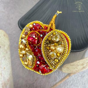 Handmade Apple Brooch: Swarovski Crystals & Pearls, Beaded Autumn Pin