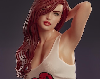 May include: A woman with long red hair wearing a white vest top with a red heart-shaped design featuring a Spiderman logo. She is wearing denim shorts and has her arm raised behind her head.