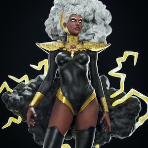 May include: A black and gold superhero costume with a white wig and a red jewel on the chest. The figure is standing in front of a black cloud with yellow lightning bolts.