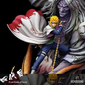 May include: A detailed figurine of Namikaze Minato from the Naruto anime series. The figure features a character in a blue and green outfit, a white cape with red accents, and spiky yellow hair. The background includes a large stone figure and the text "1/7 Rendering".