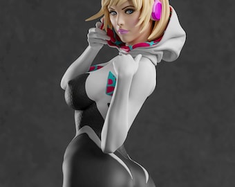 May include: A 3D rendered figure of a woman with blonde hair, wearing a white and black bodysuit with a hood and pink headphones. The figure is posed against a gray background.