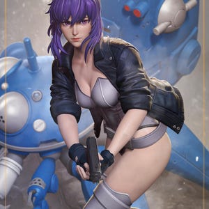 May include: A woman with purple hair and a black leather jacket is holding a gun. She is standing in front of a blue robot.