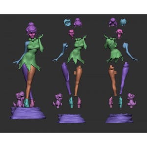 May include: A 3D printed model of a female figure with green clothing and purple hair. The model is broken down into multiple pieces for 3D printing. The model is posed with one hand on her hip and the other hand raised to her face. The model is standing on a base with two small figures of dinosaurs.