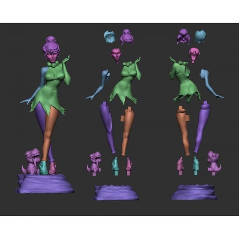 May include: A 3D printed model of a female figure with green clothing and purple hair. The model is broken down into multiple pieces for 3D printing. The model is posed with one hand on her hip and the other hand raised to her face. The model is standing on a base with two small figures of dinosaurs.