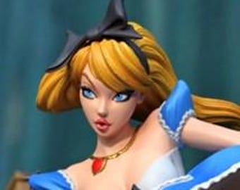 May include: A close-up of a porcelain doll with blonde hair, blue eyes, and a red heart necklace. The doll is wearing a blue and white dress with a white apron and a black bow in her hair.