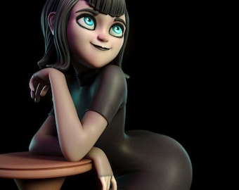 May include: A 3D rendered cartoon character with black hair and pale skin, wearing a black dress and leaning on a brown table. The character has bright blue eyes and a subtle smile, with a black background.