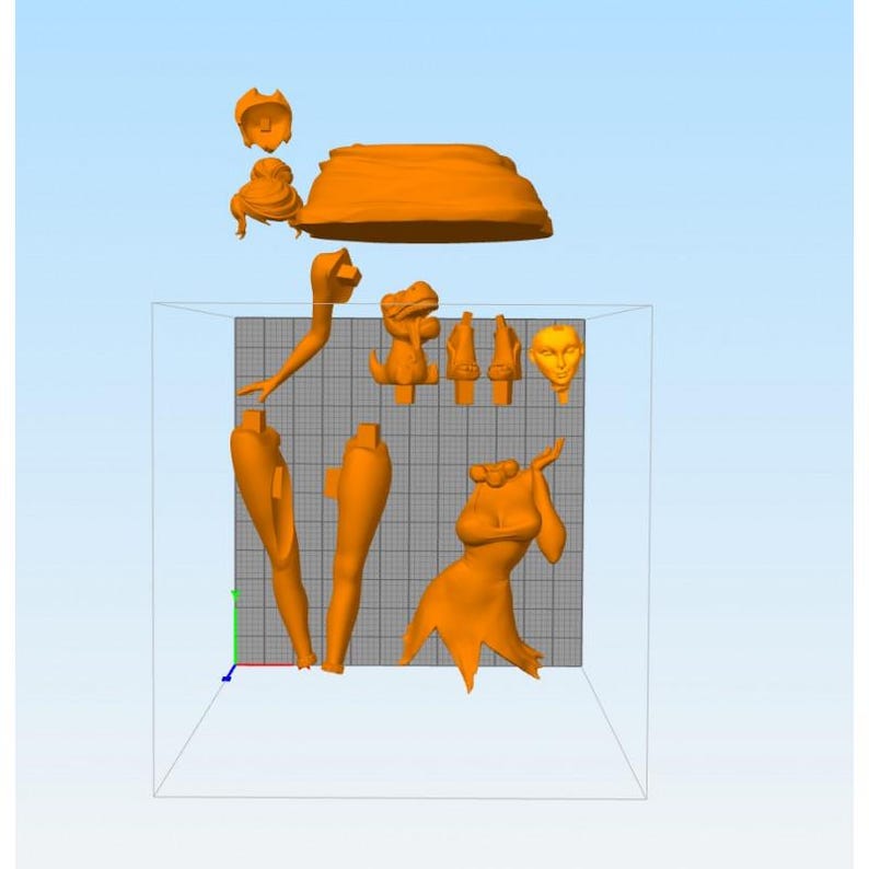 May include: A 3D printed model of a female figure, disassembled into multiple pieces. The pieces include the head, torso, arms, legs, and a separate base. The model is orange and appears to be made of plastic.