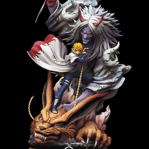 May include: A detailed figurine of a character from the Naruto anime series. The figure features a character with yellow hair, a white cape, and blue clothing, standing on a large orange fox. A large stone figure and a purple figure with a sword are behind the main character. The base has the text "Namikaze Minato".