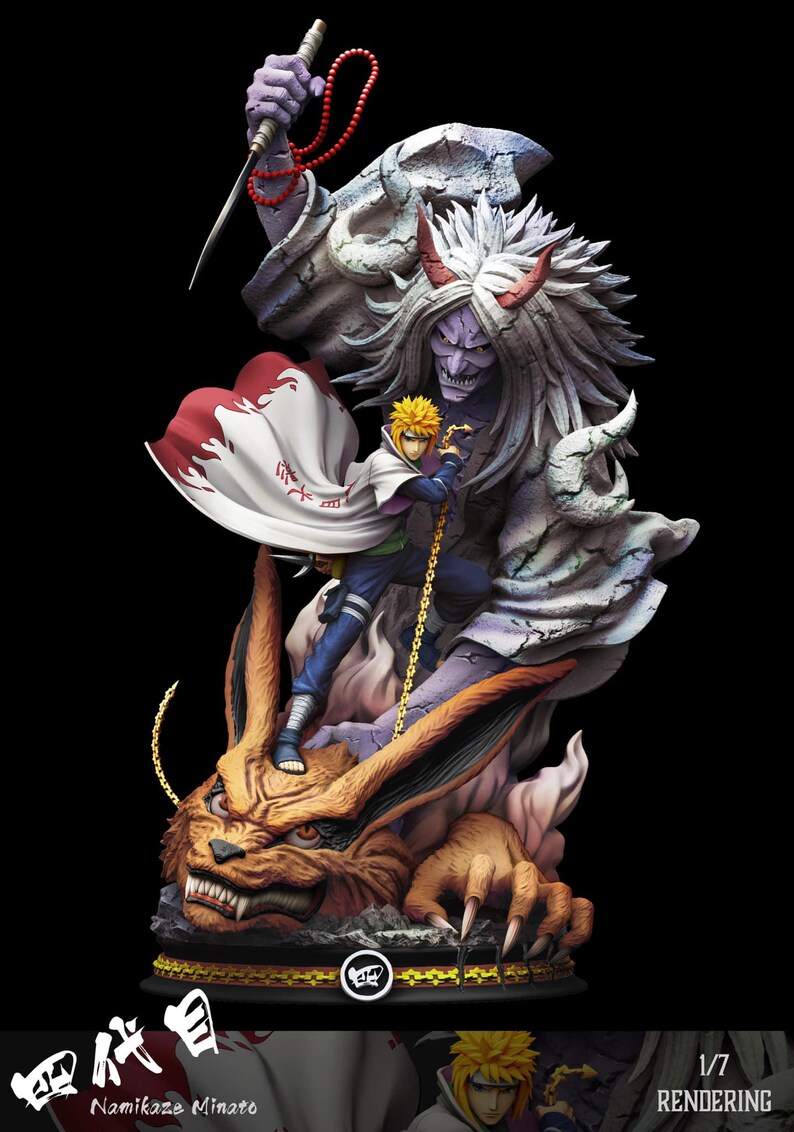 May include: A detailed figurine of a character from the Naruto anime series. The figure features a character with yellow hair, a white cape, and blue clothing, standing on a large orange fox. A large stone figure and a purple figure with a sword are behind the main character. The base has the text "Namikaze Minato".