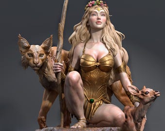 May include: A golden goddess statue with a flower crown, holding a staff and surrounded by a lynx and a fawn.